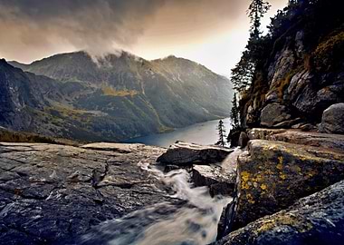 Mountain Lake Landscape with Waterfall