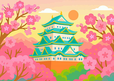 Japanese Castle with Cherry Blossoms Colorful Minimalist Art Illustration