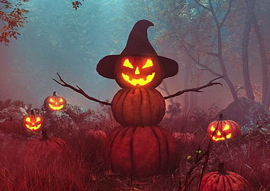 Halloween Pumpkin Scarecrow in Forest