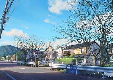 Anime-style street scene with bare trees