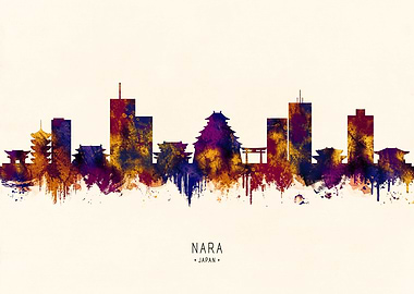 Nara, Japan Skyline Watercolor Silhouette