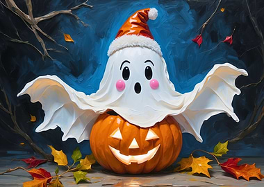 Festive Halloween Ghost on Pumpkin
