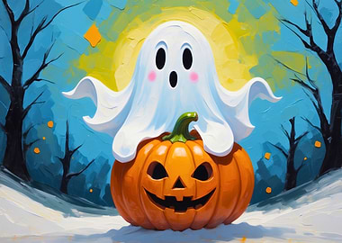 Cute Ghost on Pumpkin Halloween Art