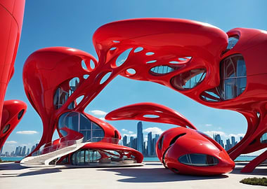Futuristic Red Architecture by the Sea