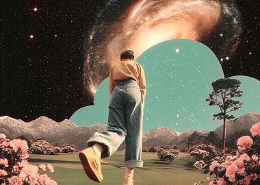 Surreal figure walking into galaxy gateway with cosmic landscape