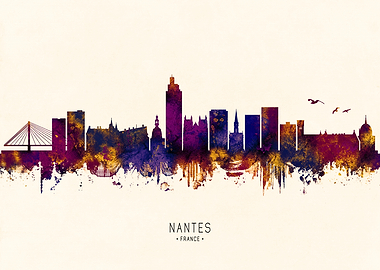 Nantes France Skyline Watercolor Silhouette