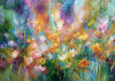 Abstract cosmic floral explosion in pastel and deep tones