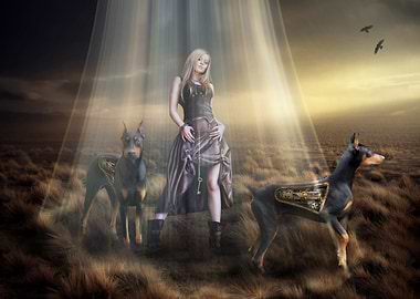 Steampunk Girl with Robotic Dobermans