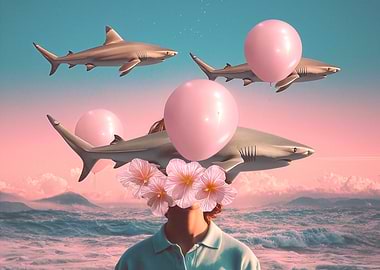 Surreal Ocean Scene with Sharks and Balloons