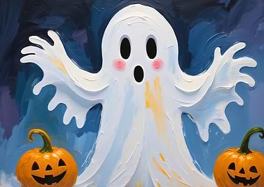 Cute Ghost and Pumpkins Halloween Painting