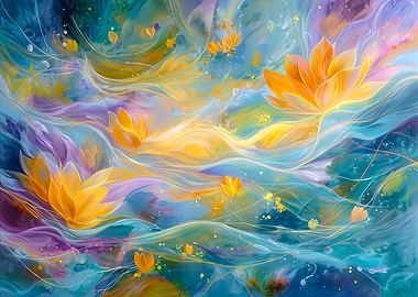 Abstract Golden Lotus Flowers Floating In Blue And Purple Waves