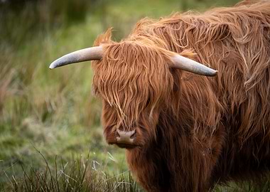 Highland Cow Portrait in Grassy Field