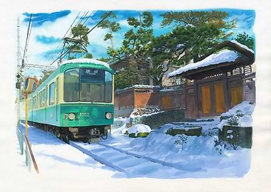 Japanese Train in Winter Landscape