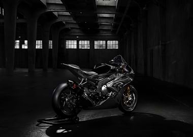 Sleek Black Motorcycle in Dark Warehouse