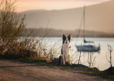 Border Collie by the Water at Sunset