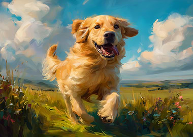 Golden Retriever Running in Field Painting
