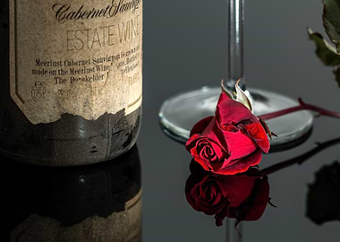 Wine, Rose, and Reflection Still Life