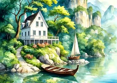 Watercolor House by the Lake