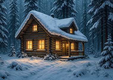 Snowy Cabin in Winter Forest