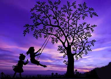 Silhouette of children playing on swing