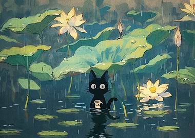 Black Cat in Lotus Pond