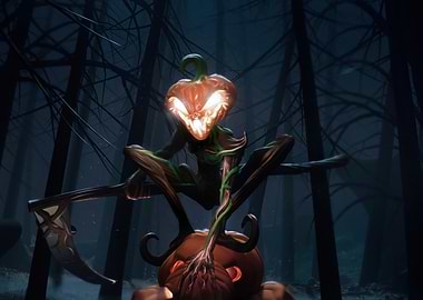 Pumpkin-headed creature in dark forest