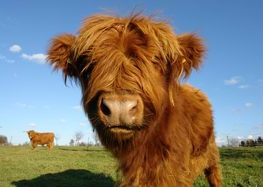 Highland Cow Portrait on Green Pasture