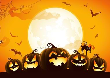 Halloween Pumpkins with Moon and Bats