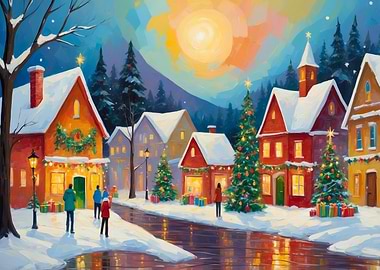 Winter Village Christmas Scene Painting