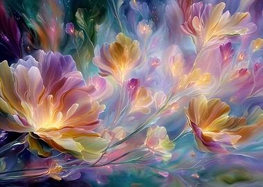 Abstract dreamy floral garden with colorful blossoms and glowing tones