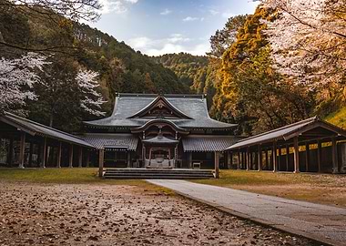 Japanese Forest Temple with Cherry Blossoms