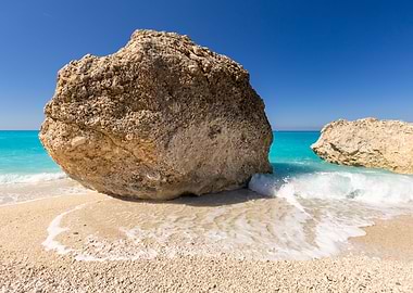 Turquoise water and rocks on beach, Leukada