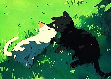 Two Cats Resting in Green Grass