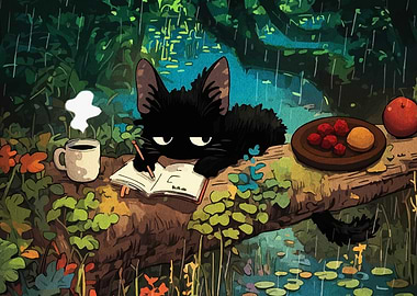 Black Cat Writing in the Rain