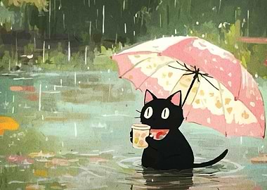 Black Cat with Umbrella in the Rain