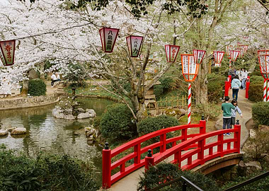 Japanese Garden with Red Bridge