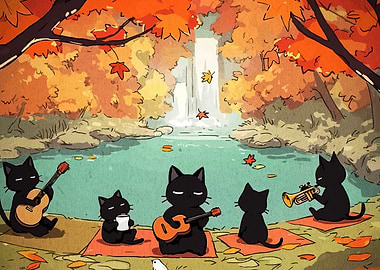 Cats' Autumn Music by Waterfall