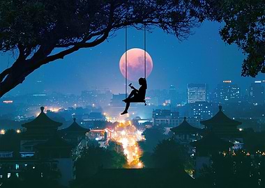 Silhouette on Swing with Cityscape Backdrop
