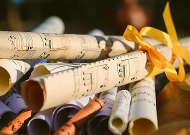 Rolled Music Sheets with Yellow Ribbon