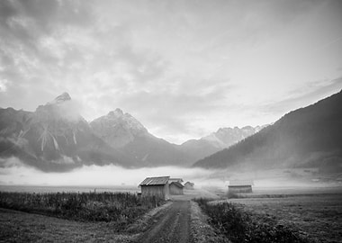 Monochrome Mountain Landscape with Barns