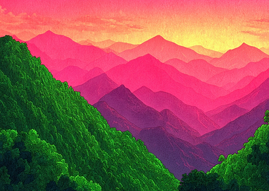 Pink and Green Mountain Landscape