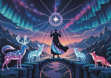 Mystical Figure with Starry Animals