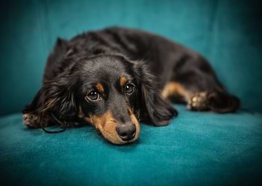 Dachshund Resting on Teal Couch