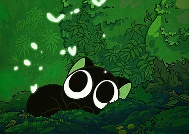 Cute Black Cat in Green Forest