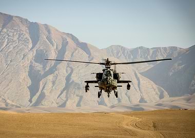 Apache Helicopter in Flight over Desert