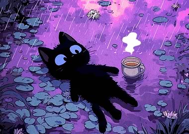 Black Cat Relaxing in the Rain