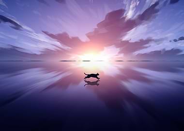 Cat Silhouette Running on Water Sunset