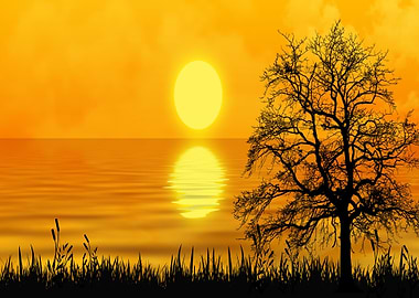 Golden Sunset Over Water with Tree