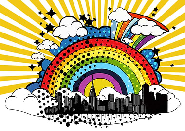 Pop Art Rainbow Over Cityscape