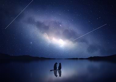 Cats under the starry night sky
